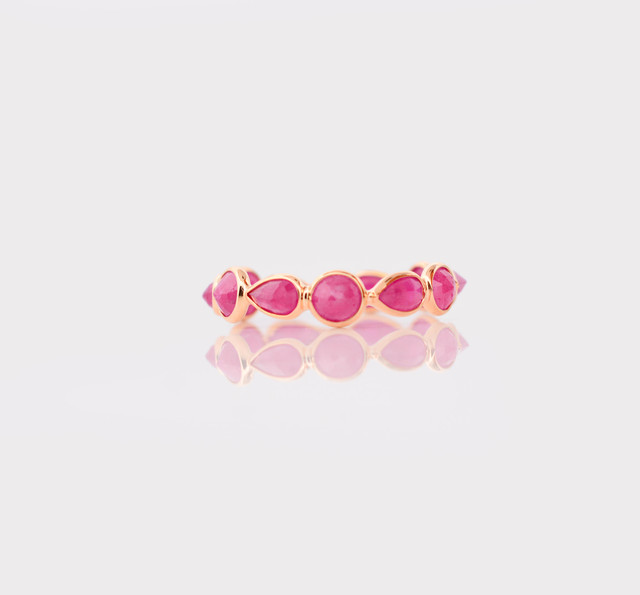 Natural Red Ruby Bezel Eternity Band in Solid 18K Yellow Gold Pear and Oval Gemstone Station Ring Luxury July Birthstone
