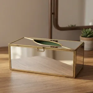 ARTISAN DESIGN <b>Mirrored</b> Metal Tissue Box Cover with Gold Trim Rectangular Design <b>Bathroom</b> Vanity Storage Accessory - Product Image 4