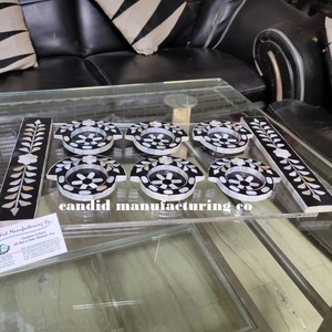 Mother of Pearl Acrylic Coaster Set with Plant Pattern Party Table Decor Stocked Floral <b>Black</b> and White Tray - Product Image 2