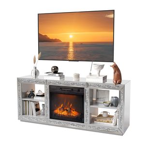 Soporte de TV Moderno Plateado de 18 Pulgadas con Espejo, Panel de Fibra de Densidad Media con Inserto para Chimenea LED, Estantes de Almacenamiento y Consola con Acabado Estilo Madera - Product Image 1