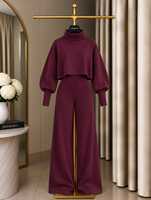 Ensemble deux pièces pour femmes, pantalon à jambes larges, haut court à col roulé et manches bouffantes, tenue élégante et décontractée pour l'automne et l'hiver