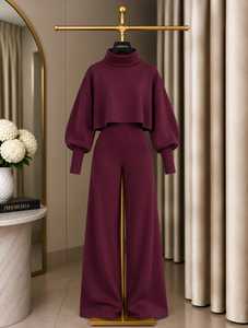 Women’s Two Piece Wide Leg Pants Set <b>Cropped</b> <b>Turtleneck</b> Puff Sleeve <b>Top</b> Elegant Casual Autumn Winter Outfit - Product Image 3