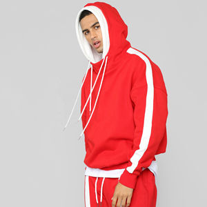 Custom Coral <b>Red</b> Contrast Panel Pullover Hoodie <b>Men</b> Oversized Heavyweight Cotton Fleece Hooded <b>Sweatshirt</b> OEM ODM Streetwear - Product Image 4