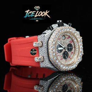 Reloj de cuarzo con cronógrafo, bisel de diamantes, correa roja, esfera dorada, moda de lujo - Product Image 4