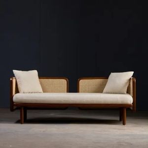 Sofá Cama de Madera de Teca Sólida Estilo Japandi con Elementos de Ratán Natural - Product Image 1