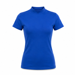 T-shirt à manches courtes pour femme, bleu royal, col rond, décontracté, tricoté, couleur unie, coupe classique - Product Image 1