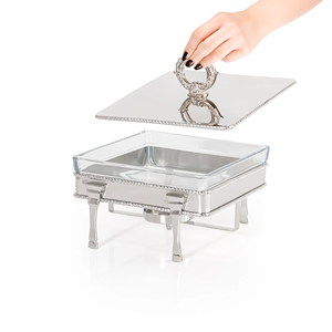 Luxury chafing dish stainless steel glass serving <b>warmer</b> <b>buffet</b> catering hotel food <b>warmer</b> with brass handle border - Product Image 2