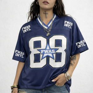 เสื้อเจอร์ซีย์กีฬาตาข่ายสีน้ำเงินแบบยูนิเซ็กซ์สั่งทำได้ แขนสั้น สไตล์เรโทร สตรีทแฟชั่น โพลีเอสเตอร์ เสื้อยืดขายส่ง เสื้อเจอร์ซีย์อเมริกันฟุตบอล - Product Image 3