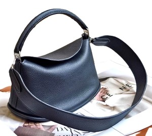 Royaa Fashion Genuine Leather <b>Small</b> Minimalist Hobo Shoulder <b>Bag</b> Single Strap Outdoor Portable Zipper Closure <b>Black</b> Letter - Product Image 3