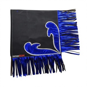 Pantalones de rodeo occidentales personalizados con borlas decorativas, cintura media, sin mangas, detalles metálicos azules, patrón geométrico frontal, unisex - Product Image 2