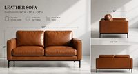 Sofá Loveseat para Sala de Estar, Estilo Moderno de Mediados de Siglo, Sofá Cama de Cuero Genuino y Madera de Caucho, Ecológico, para Escuela, Parque, Almacén