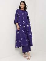 Robe longue violette à col rond avec manches trois quarts, coupe ample, tenue décontractée pour tous les jours, motif à pois dessiné à la main, tissu en viscose tissé