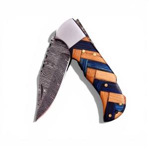 Custom Engraved Damascus Folding Knife 256 Layers Blade Wood Epoxy Handle Men's EDC Pocket Knife Camping Knife <b>Leather</b> Sheath - Product Image 1