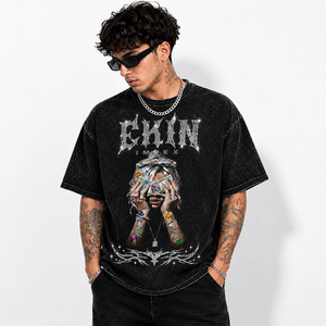 Camiseta Gráfica Oversize de Alta Calidad Estilo Urbano Vintage con Lavado Ácido y Algodón Pesado para Hombre con Estampado de Diamantes de Imitación - Product Image 3