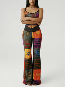 Bohemian Patchwork Flare <b>Pants</b> High Waist Loose Fit Full Length Printed Cotton Spandex Women s <b>Summer</b> <b>Pants</b> Womens Boho Color - Product Image 1