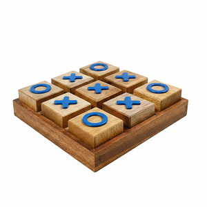 Jeu de Tic Tac Toe en bois fait main avec des pions bleus X et O, jeu de société classique pour la décoration de la table basse et le plaisir familial - Product Image 1