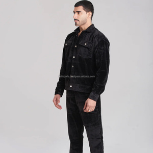 Chándal de terciopelo clásico personalizado OEM 2024 para hombre, terciopelo informal negro con bolsillo frontal, tela pesada - Product Image 3