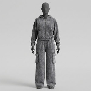 Ensemble 2 pièces en polaire pour femme, style streetwear vintage, brodé, avec sweat à capuche boutonné, gris uni, coupe décontractée, poches cargo pleine longueur - Product Image 1