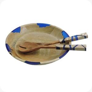 Bol de service artisanal en bois et résine avec 2 cuillères pour salades, fruits et vaisselle – Bol de service de luxe pour la maison et la cuisine - Product Image 1