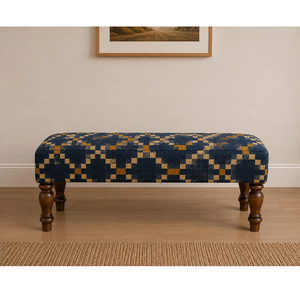 Rustic Blue Upholstered <b>Bench</b> Handmade Wool Jute Wooden Farmhouse Entryway Ottoman Bedroom End of Bed Accent <b>Seating</b> - Product Image 1