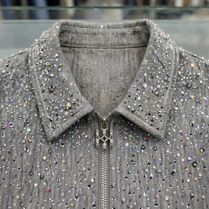 Manufacturer Custom <b>Men's</b> Streetwear Windproof Casual All Print Rhinestone Diamonds Zip-Up Cotton Twill Canvas Front Safari - Product Image 4
