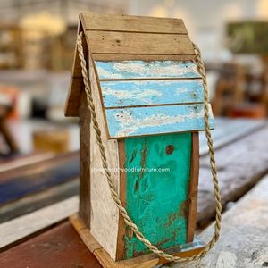 Casa para Pájaros Reciclada, Hecha a Mano, Sostenible, de Madera, Estilo Barco, Color Madera Envejecida, Jaula Original para Pájaros, Casa para Pájaros Pequeños de Exterior - Product Image 4