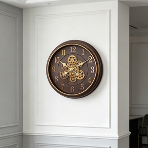 Moving gear wall <b>clock</b> 18 inch brown vintage rustic frame with <b>silent</b> retro gold numbers for cafe home decoration - Product Image 4
