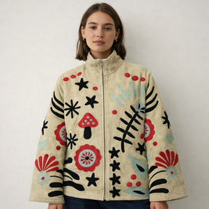 Pink Suzani Embroidered Quilted <b>Knitted</b> Velvet Bomber Jacket Vintage Hippie Style Winter Warm Floral Breathable - Product Image 1