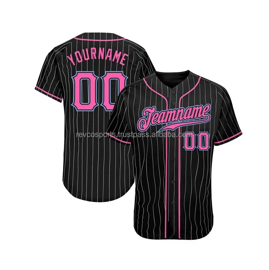Camiseta de béisbol con botones completos a rayas en blanco y negro, camiseta de softbol personalizada al por mayor, camisetas de béisbol bordadas con apliques rosas