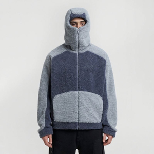 Chaqueta con capucha de forro polar Sherpa extragrande con logo personalizado para hombre, abrigo Teddy de invierno con cremallera completa y bloques de color, venta al por mayor OEM - Product Image 5