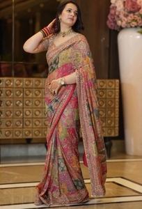 Sari de Seda Estampado para Mujer, Estilo Bollywood, Reversible, Antiarrugas, de Secado Rápido, para Bodas de Otoño, Diwali/Fiestas, Marca K V International - Product Image 4