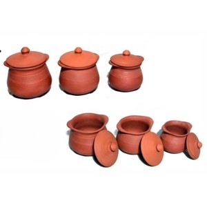 Nouvel ensemble de 3 casseroles et couvercles en terre cuite écologiques et saines, au design innovant, pour cuisson au gaz, avec rangement intégré (Ensemble artisanal en terre cuite) - Product Image 1