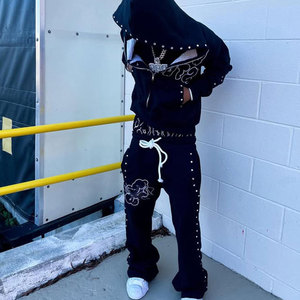 Men's Black Hooded Tracksuit Full Zipper Rhinestone Detail Streetwear Sweat Suit Regular Fit Solid Color Autumn Wear - Product Image 6