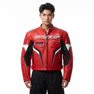เสื้อแจ็คเก็ตหนังสีแดงสดดำแบบ Colorblock สำหรับผู้ชาย รุ่น Redline Zero Nine สไตล์นักแข่งรถมอเตอร์ไซค์สุดเท่ - Product Image 1