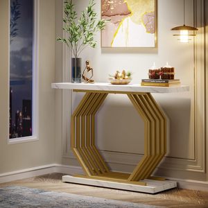 Table console d'entrée moderne convertible HOGA-F1790 pour salon, avec structure en métal doré et plateau en faux marbre, pour la maison - Product Image 5