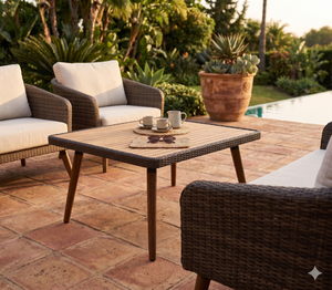 Mesa de centro cuadrada moderna de mimbre y ratán con superficie de madera de teca, impermeable, para exteriores, para patio, jardín, cafetería, hotel - Product Image 5