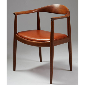 Chaise de salle à manger classique style Kennedy en teck massif, siège rembourré en cuir véritable élégant, fauteuil de projet haut de gamme - Product Image 1