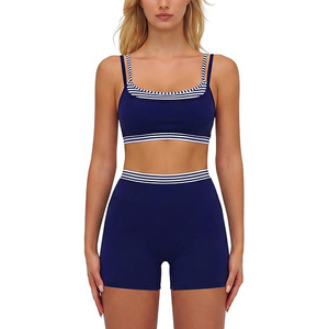 <b>Navy</b> Blue Solid Yoga Set 2 Piece Square Neck Sports Bra High Waist Shorts Contrast Binding Breathable Front Water Resistant - Product Image 2