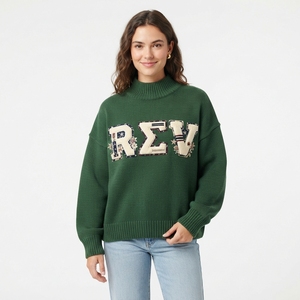 Pull en tricot bleu pour femme avec applique brodée lettre LE sur le devant, col montant, tenue décontractée d'automne - Product Image 5