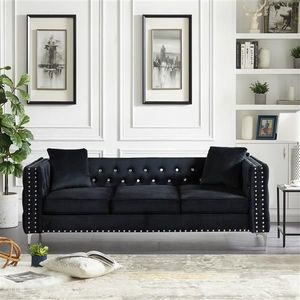 82.3\" Modern Velvet Tufted Square Arm Couch Black Living Room Sofa with Jeweled Buttons and 2 Included Pillows - Product Image 1