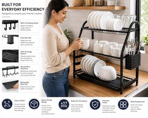 Escurridor de Platos Negro de 3 Niveles para Colocar Sobre el Fregadero con Porta Cubiertos, Organizador de Almacenamiento de Metal Resistente - Product Image 2