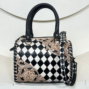 Hand-Tooled Genuine Leather Speedy Duffel Bag Black & White Checkered Pattern <b>Small</b> Travel <b>Crossbody</b> Shoulder <b>Handbags</b> for Women - Product Image 4