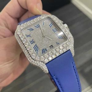 Luxury Blue Leather Strap Automatic Mechanical Sports <b>Watch</b> Half Iced Fully Hand <b>Set</b> VVS Moissanite Diamonds Stainless Analog - Product Image 3