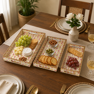 Ensemble de plateaux décoratifs en bois faits à la main avec motif géométrique |   Plateaux de présentation imbriqués pour table basse, organisateur et décoration d'ambiance - Product Image 4