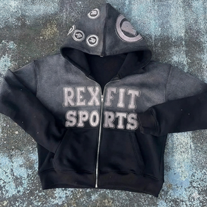 Sweat à capuche zippé Rexfit Sports, imprimé DTG personnalisé, effet délavé, en molleton épais, style streetwear, fermeture éclair intégrale, OEM - Product Image 1
