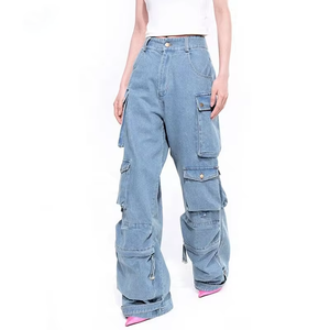 Pantalones Cargo de Mezclilla para Hombre, Corte Holgado, Cintura Media, Pierna Ancha, Estilo Casual Urbano, Color Sólido, Tela de Algodón, Estilo Veraniego - Product Image 3