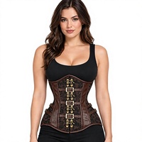 Corset en similicuir marron et brocart marron personnalisable OEM en gros avec fermoir et boucles sur le devant, double baleine en acier marron