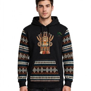Sweat à capuche unisexe en molleton de coton noir avec broderie de masque tribal et imprimé géométrique sud-ouest, style streetwear décontracté pour l'hiver - Product Image 1