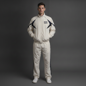 Ensemble de survêtement sportif AFSAR SPORTS pour homme, veste zippée en nylon blanc avec poches latérales, coupe classique, idéal pour le printemps - Product Image 1