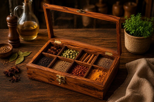 Wooden Spice <b>Box</b> with Glass Lid – 8 Compartment <b>Masala</b> Organizer - Product Image 2